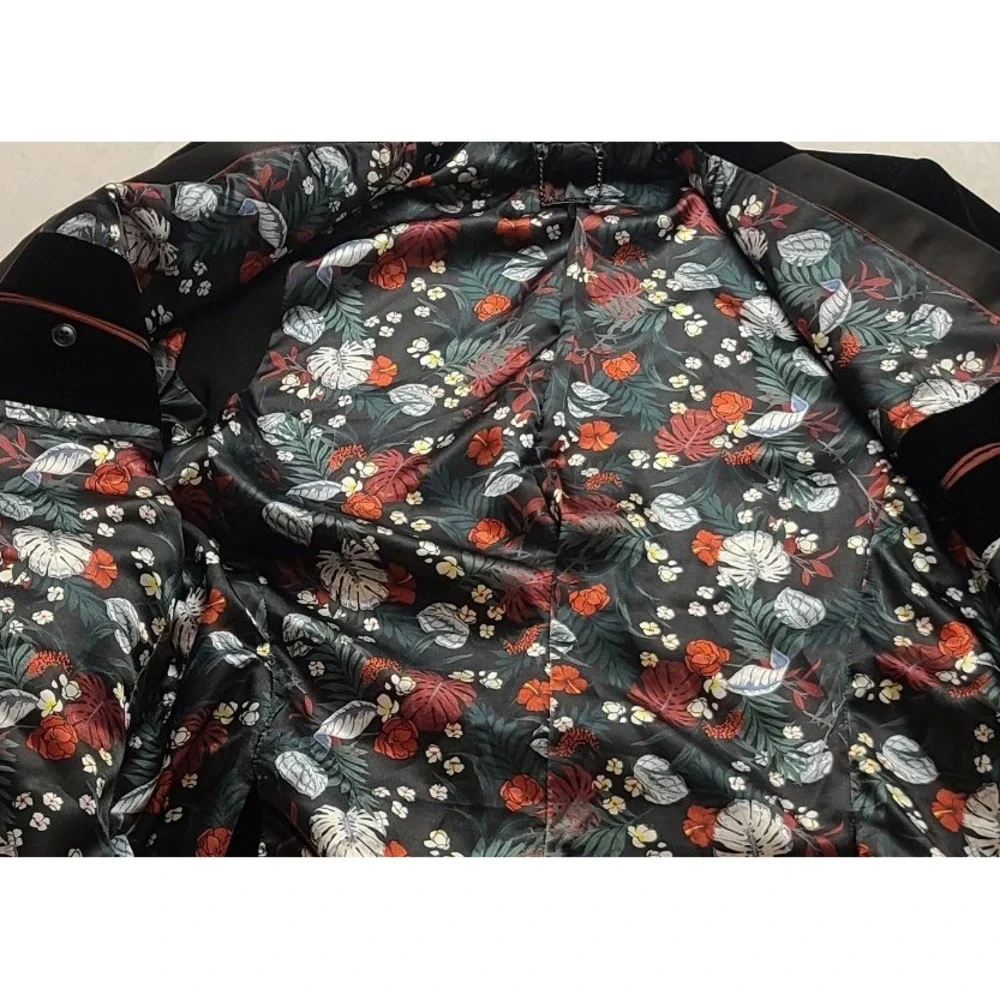Lindbergh Black Velvet Tuxedo‎ Blazer Floral Lining Peak Men's Formal Jacket